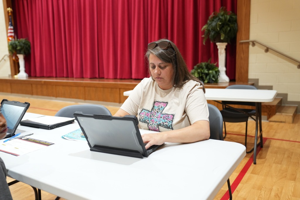 A woman using a laptop to register her child.