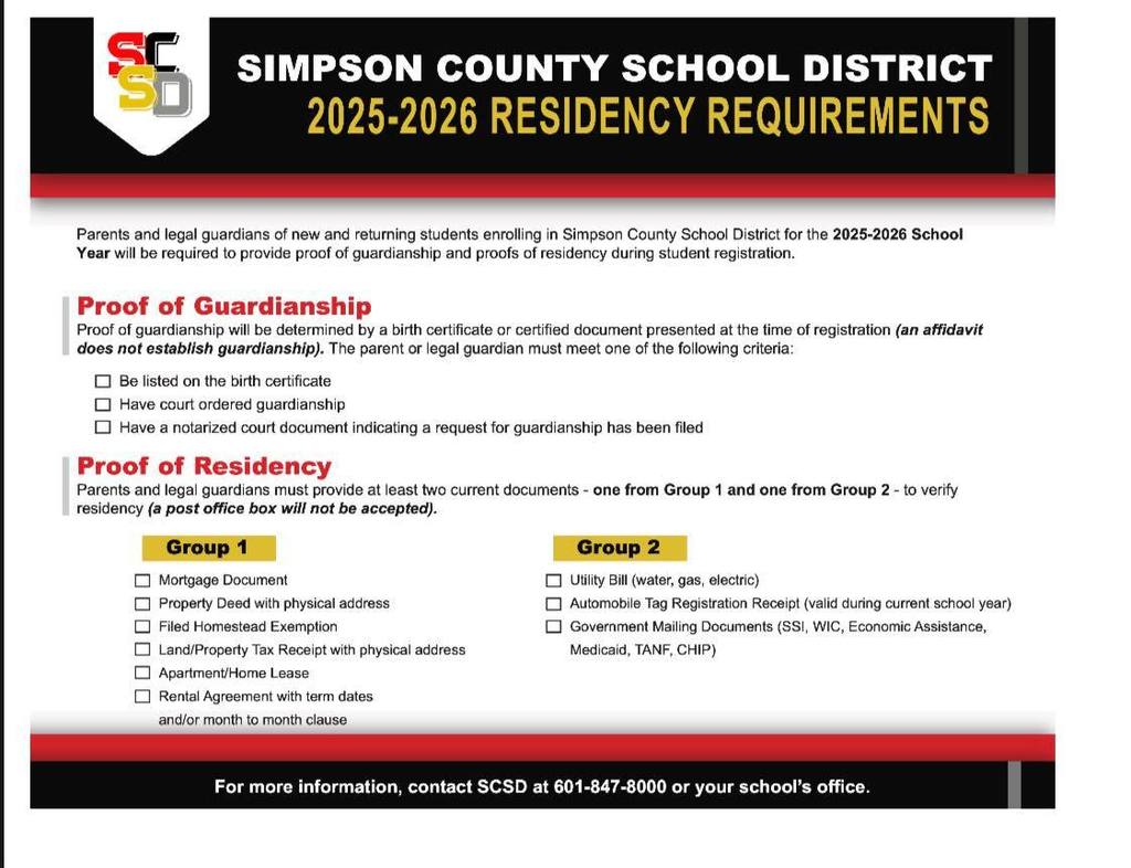 Simpson County School District 2025-2026 Residency Requirements. For more information, contact 601-849-3601.