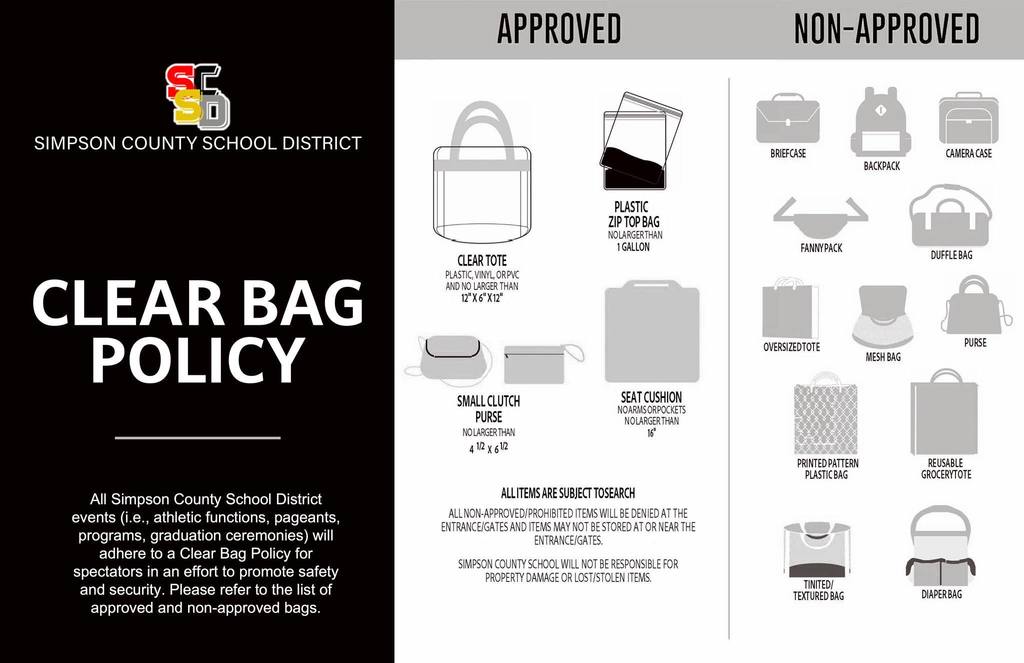 Just a friendly reminder📢❤️💛! All Simpson County School District events will follow a Clear Bag Policy for the 2024-2025 school year. Additionally, minors under 13 must be accompanied by an adult. Thank you for your understanding and cooperation!