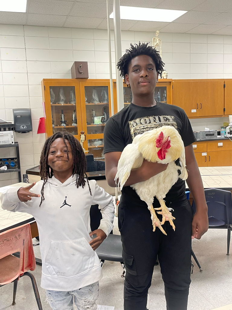 Students pose with a chicken.
