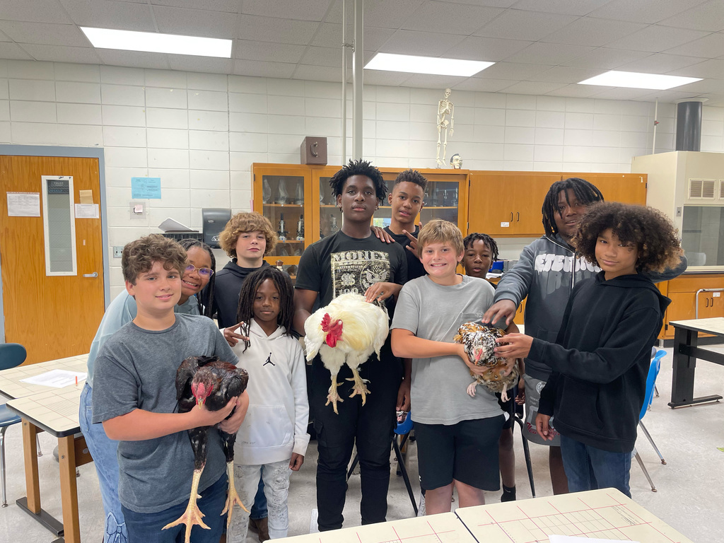 Students pose with chickens.