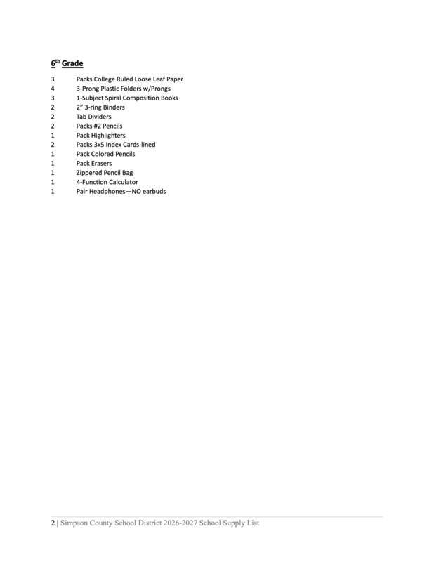 Elementary School Supply List