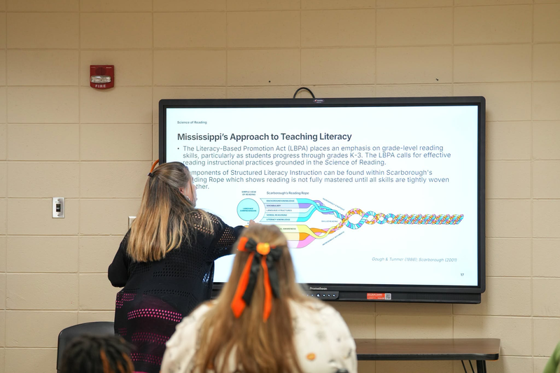 MDE representative pointing to smart board.
