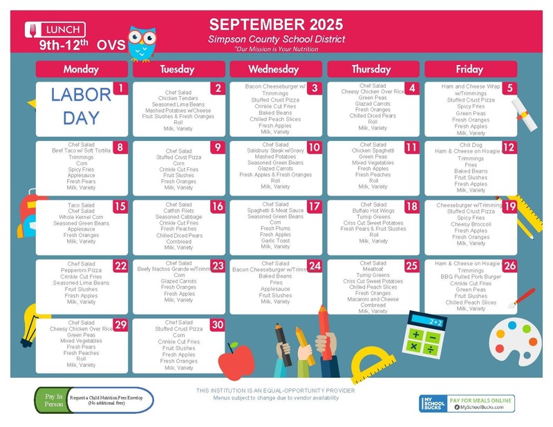 September Lunch Menu (Ninth-Twelfth grade)