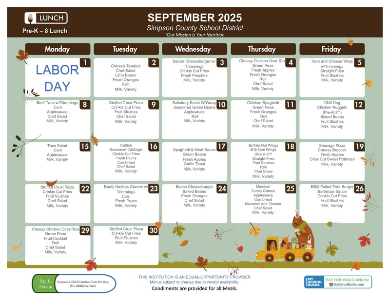 September Lunch Menu (Pre K- Eigth grade)