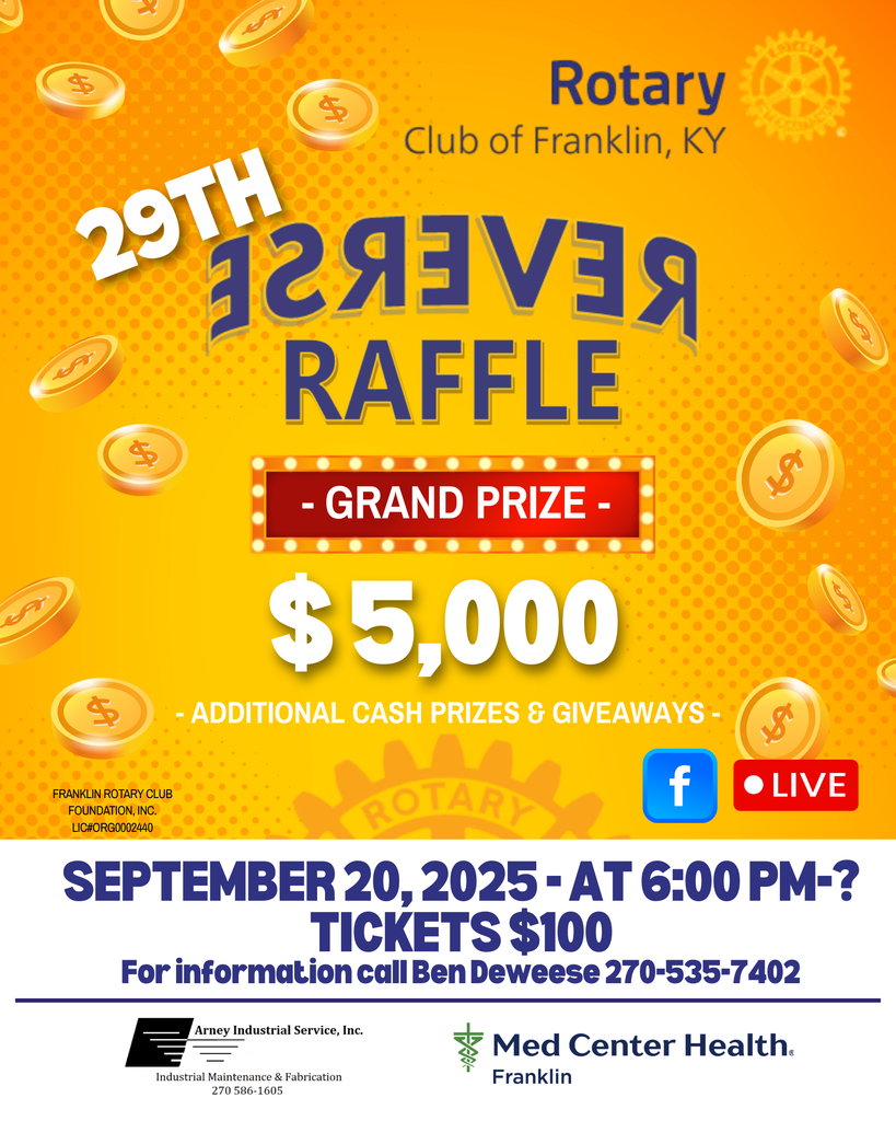 29th Reverse Raffle Flyer 2025 Rotary Club of Franklin, KY