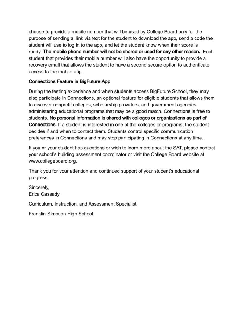 A letter describing an upcoming SAT administration. 