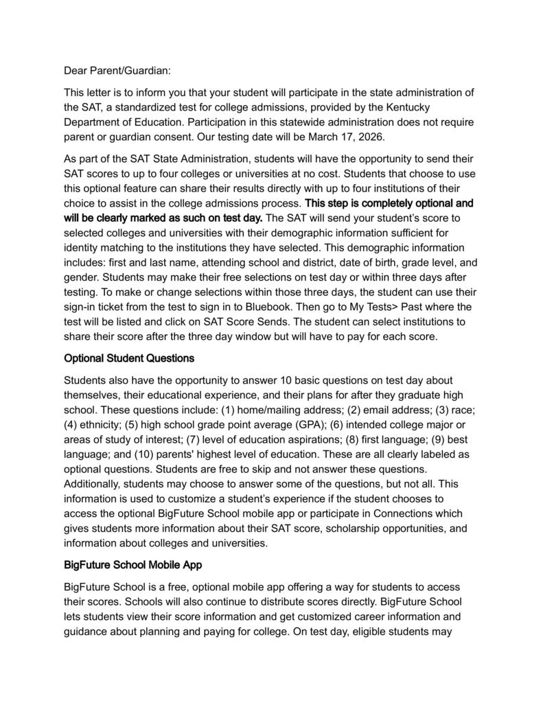 A letter describing an upcoming state administration of the SAT. 
