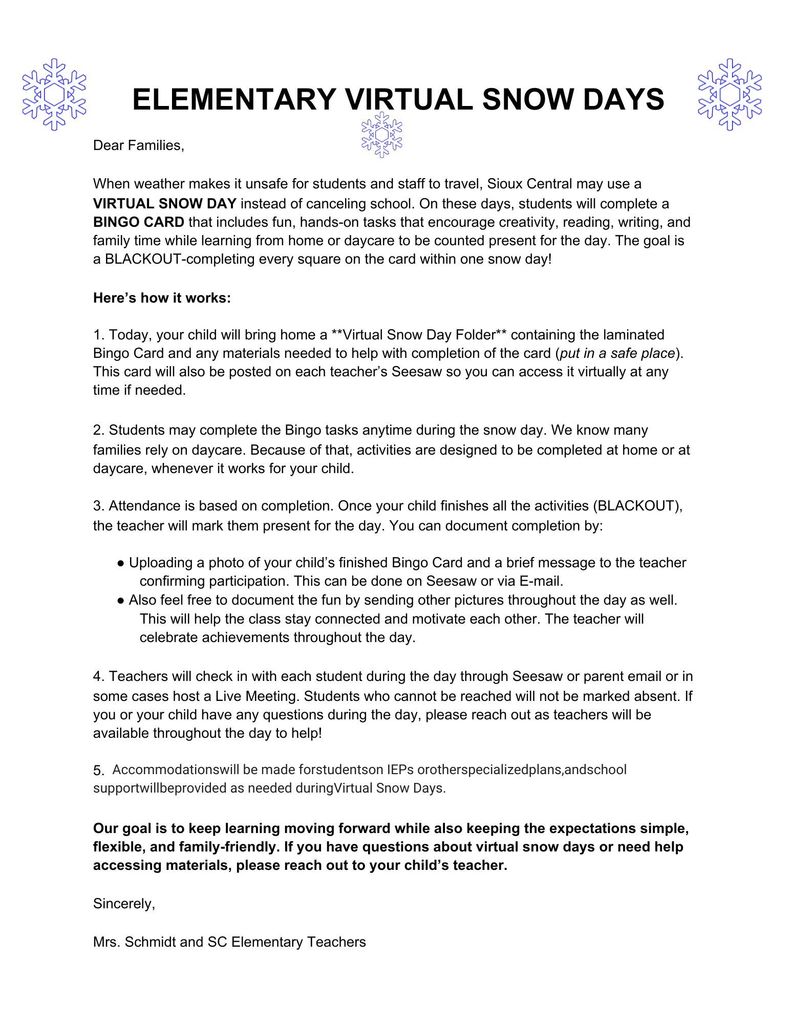 Elementary Virtual Snow Day info