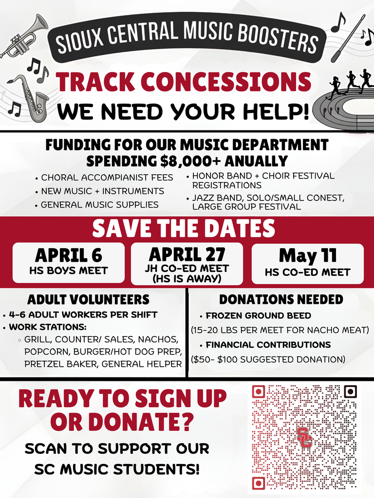 NEW -  SIOUX CENTRAL MIUSIC BOOSTERS - TRACK CONSESSIONS