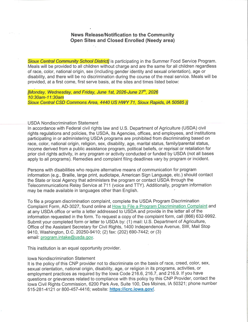 Summer meal program
