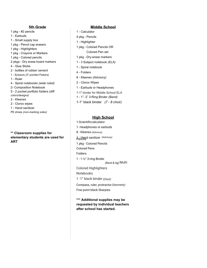 supply list for school