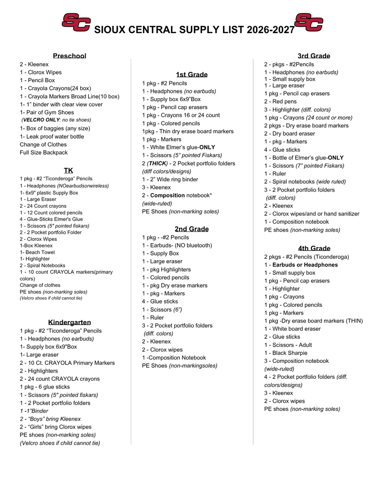 supply list for school