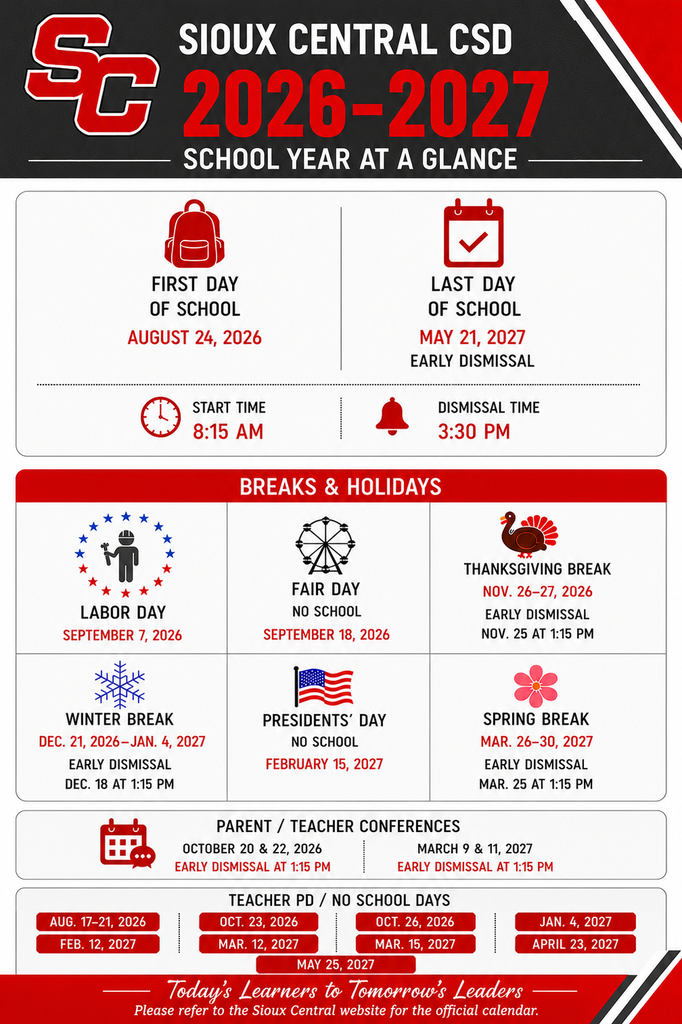 Sioux Central Calendar at a glance