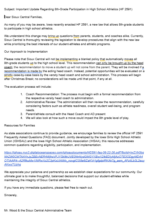 8th Grade Athletic Participation Information (HF 2591)