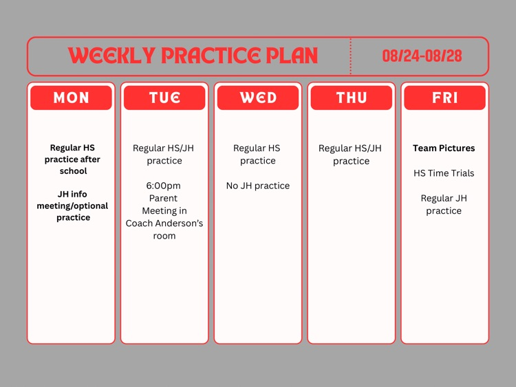 Practice schedule for XC for week of Aug 24th