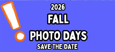 Purple background and the words 2026 fall photo days save the date.