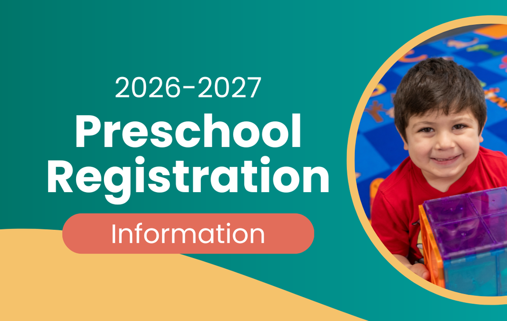 Graphic with a teal and yellow background with text that reads, "2026-2027 Preschool Registration Information."