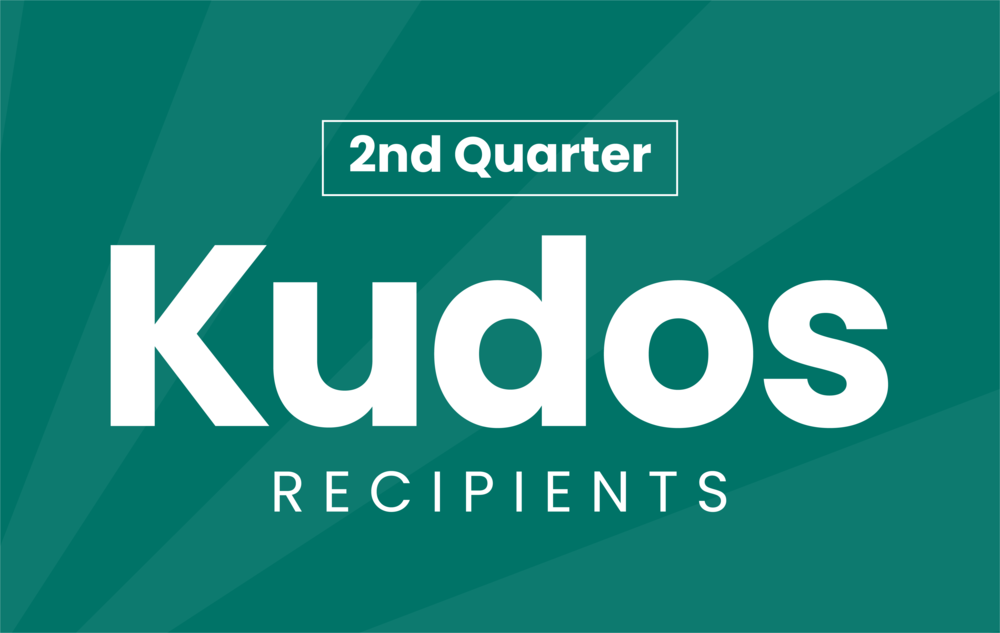 Graphic with shooting star teal background and text that reads, "2nd Quarter Kudos Recipients."