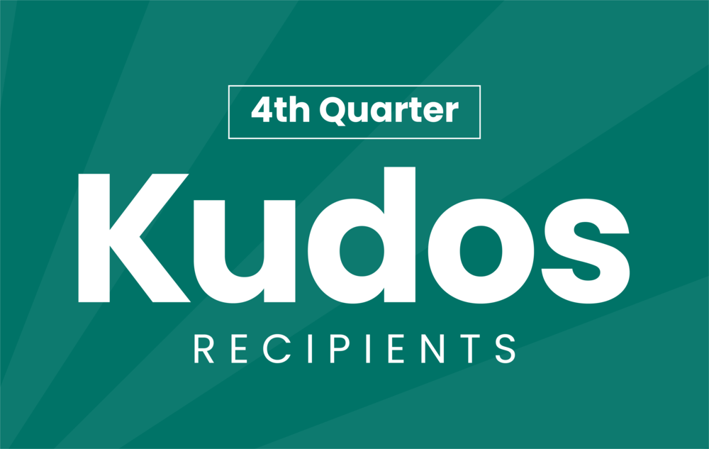Teal shooting star background with white text that reads, "4th Quarter Kudos Recipients."