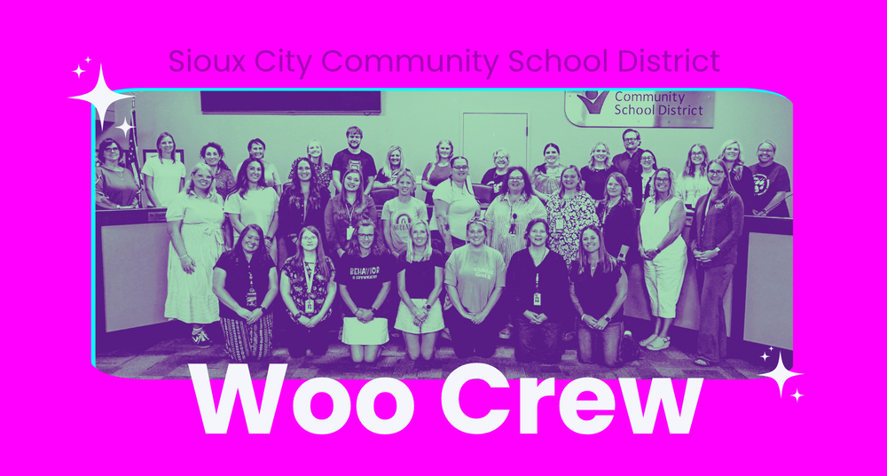 Pink graphic with woo crew group photo