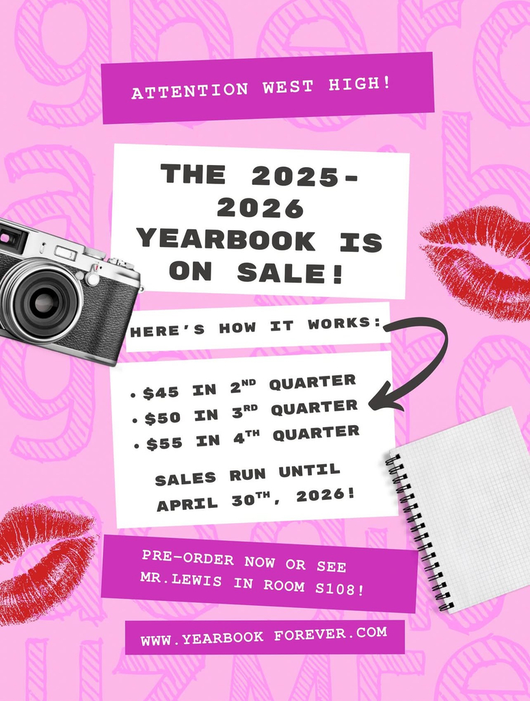 Pink background with white lettering that says "The 2025-2026 yearbook is on sale! $45 in 2nd quarter, $50 in 3rd quarter, and $55 in 4th quarter. Order online or see Mr. Lewis in room S108".