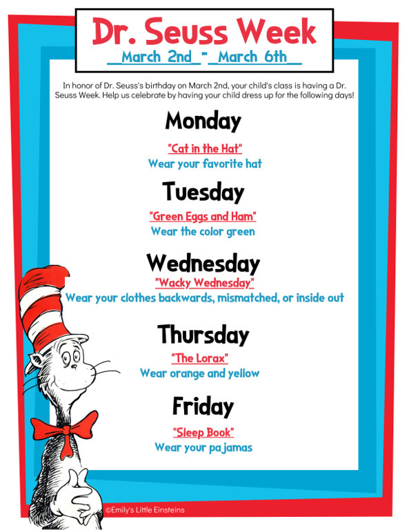 Dr. Seuss week March 2nd through March 6th