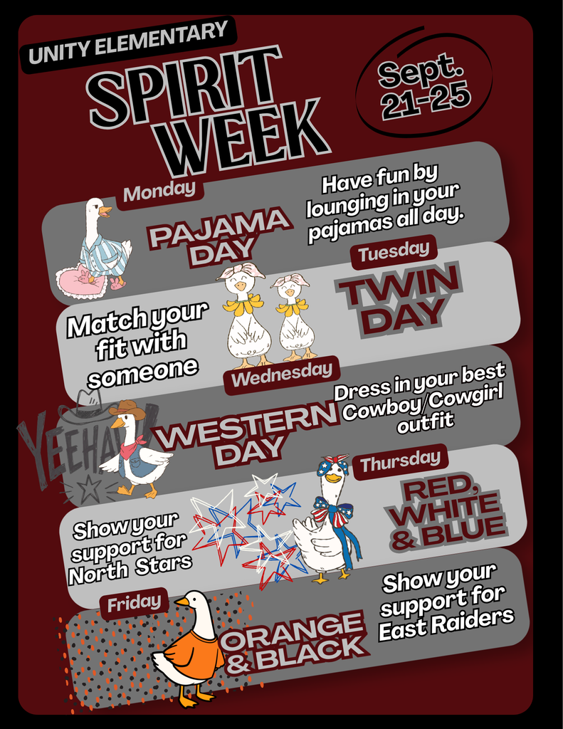 Unity Elementary Spirit Week, September 21-25 flyer
