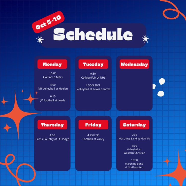 Oct 5-10 weekly schedule