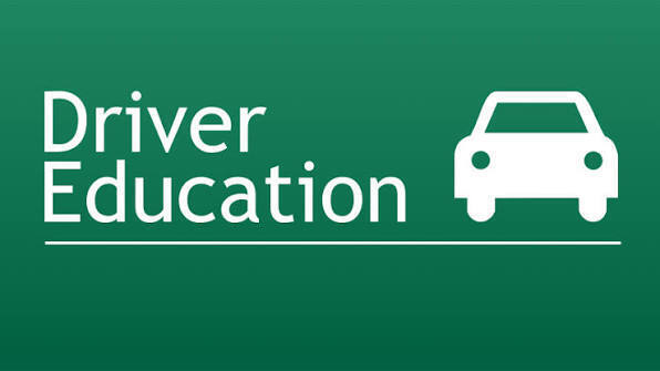 Green background with white lettering saying "Driver Education" and a silhouette of a car.