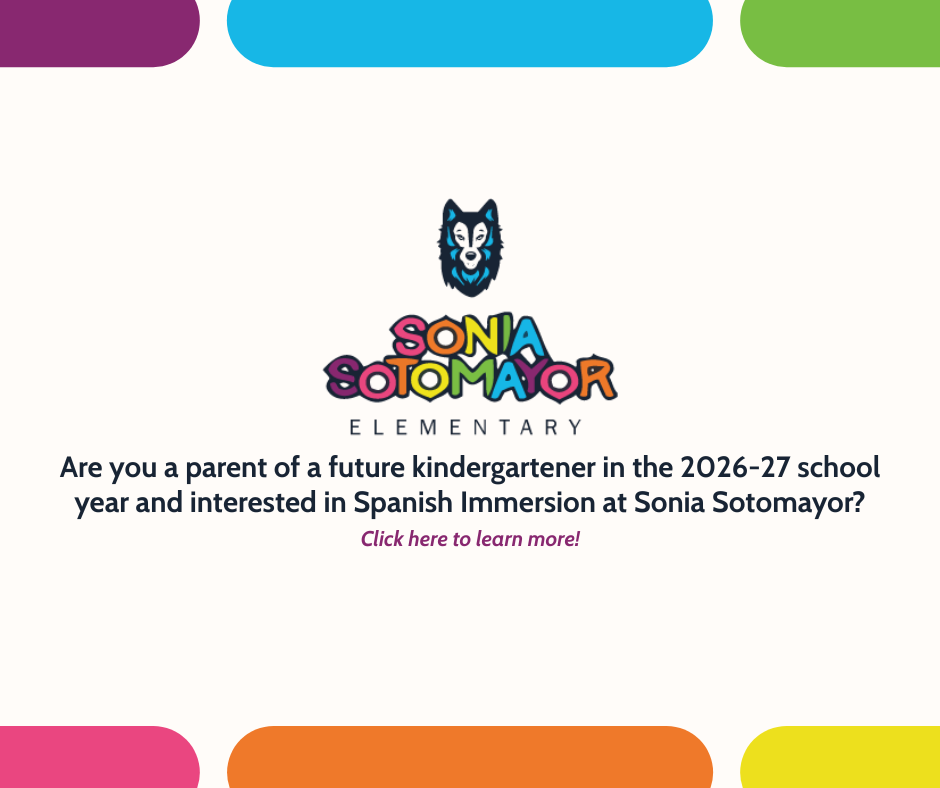 Graphic with a colorful Sonia Sotomayor Elementary School logo and geometric shapes around it