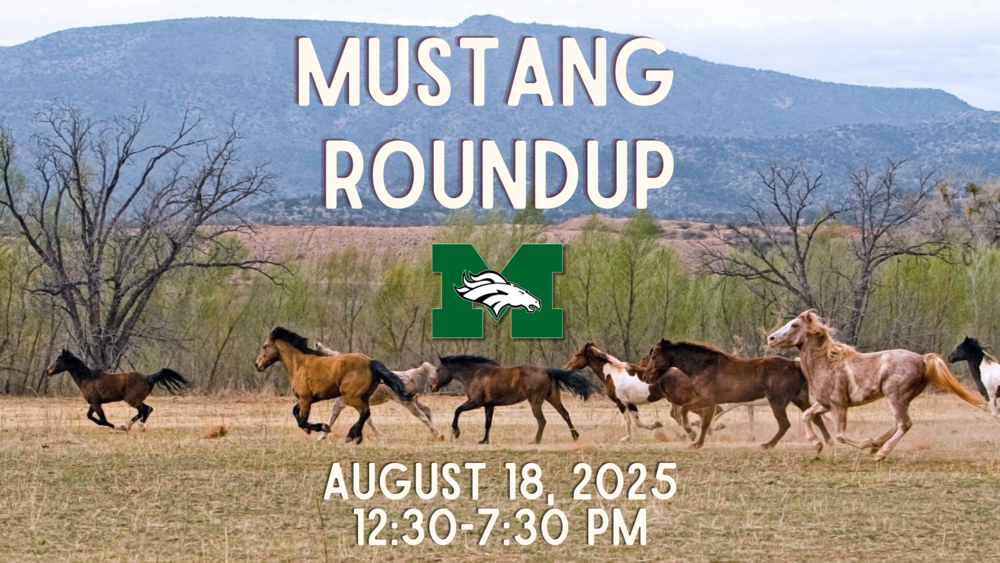 Graphic with a background photo of wild mustangs running through a grassy field with mountains in the distance. Large white text at the top reads 'Mustang Roundup.' The Memorial Middle School green 'M' logo with a white mustang head is centered in the middle. Text at the bottom reads 'August 18, 2025, 12:30–7:30 PM.'