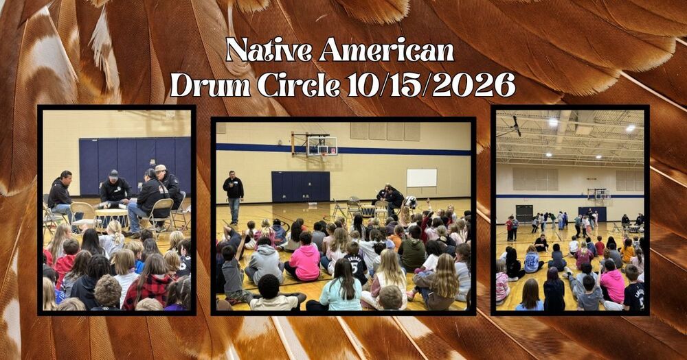 Native Americans from Flandrea, SD visit Harvey Dunn Elementary gym to present a drum circle to students. Students excitedly watch and enjoy the drumming and stories told.