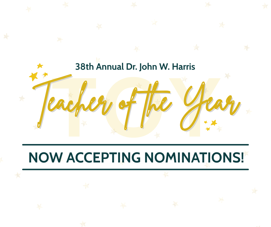 Graphic that says now accepting nominations for the 38th annual Teacher of the Year award