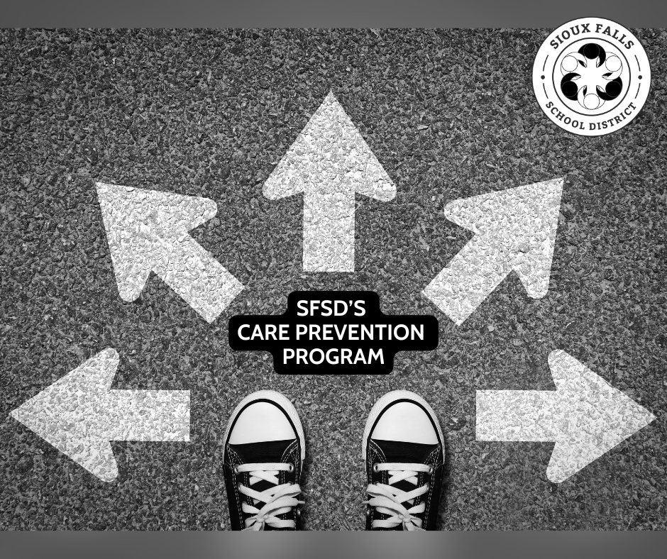 A pair of feet wearing converse sneakers stands on concretate in front of arrows pointing all different ways, representing the many choice in life we're faced with each day with text that reads, "SFSD's CARE PREVENTION PROGRAM"