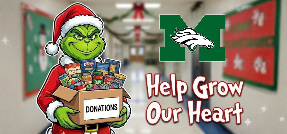 A holiday-themed graphic showing the Grinch dressed in a Santa suit holding a donation box filled with canned and boxed food items. Behind him is a blurred school hallway decorated with green and red holiday décor. The Memorial “M” logo with the Mustang appears to his right, along with the text “Help Grow Our Heart.”