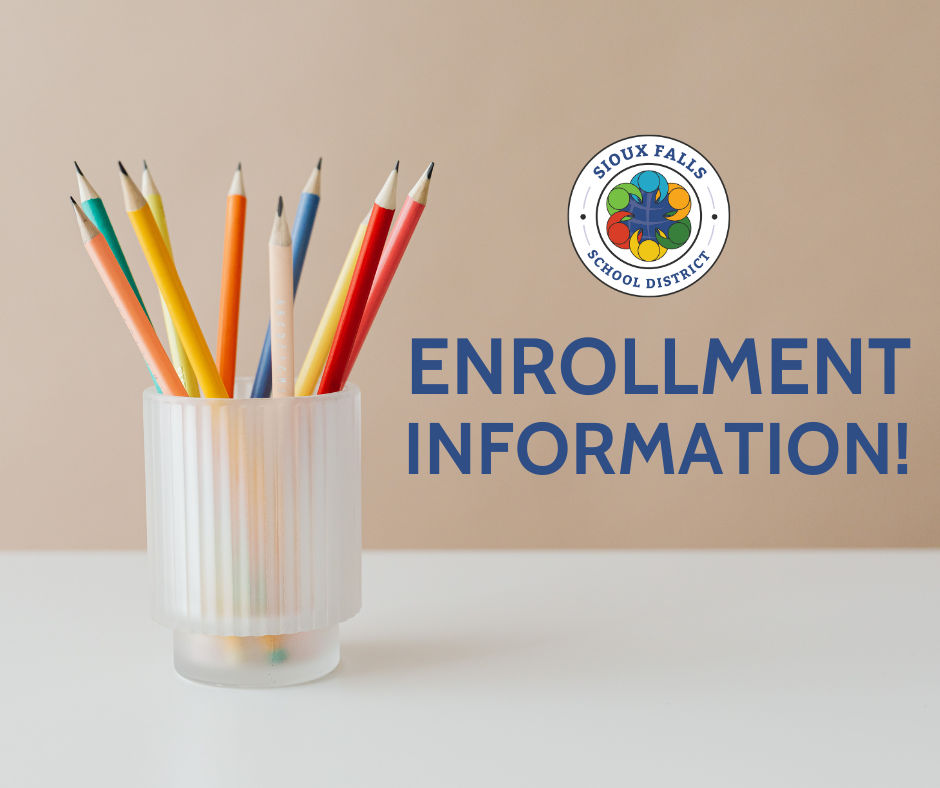 Cup of colored pencils with text saying "enrollment information" next to it