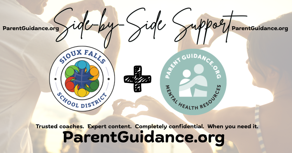 Three people form heart shapes with their hands against the golden sunset, with a child in the foreground. Sioux Falls School District logo and parentguidance.org logo show partnership and side-by-side care for mental health support.