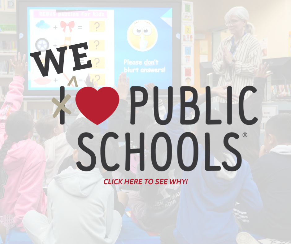 Blurred out image of a teacher standing in front of a class of young middle school students with their hands raised