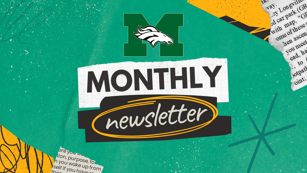 A graphic announcing the Monthly Newsletter. It has a green background with newspaper clippings on either side. The Memorial Logo is in the top center, and the text reads "Monthly Newsletter."