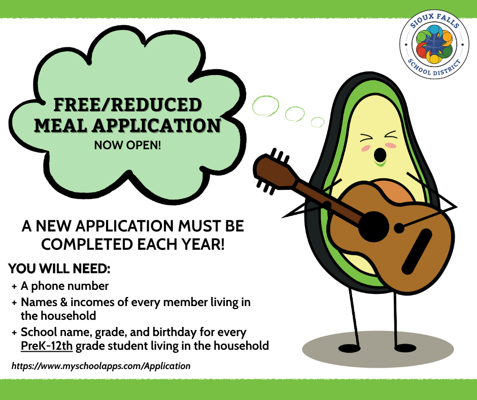 Cartoon avocado plays guitar encouraging his audience to fill out the free/reduced meal application