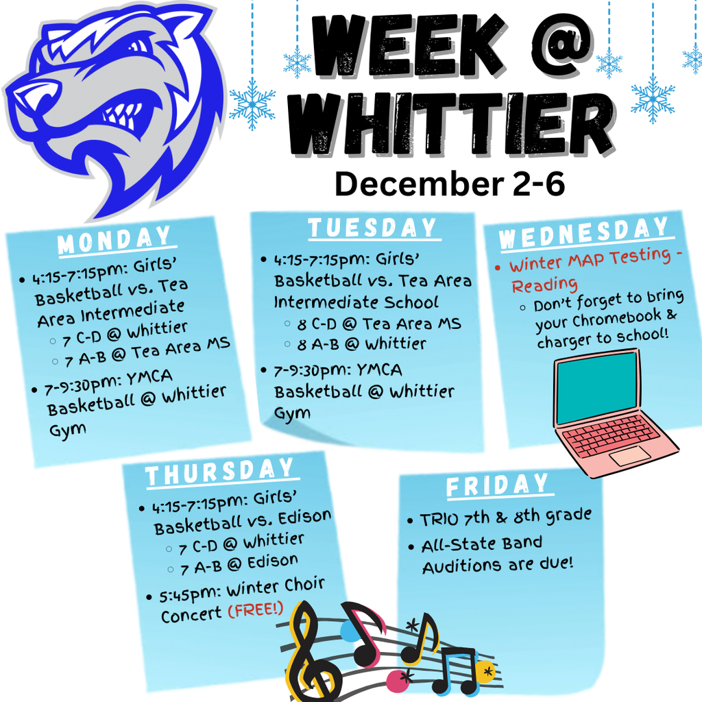 Week at Whittier calendar of events for December 2-6.