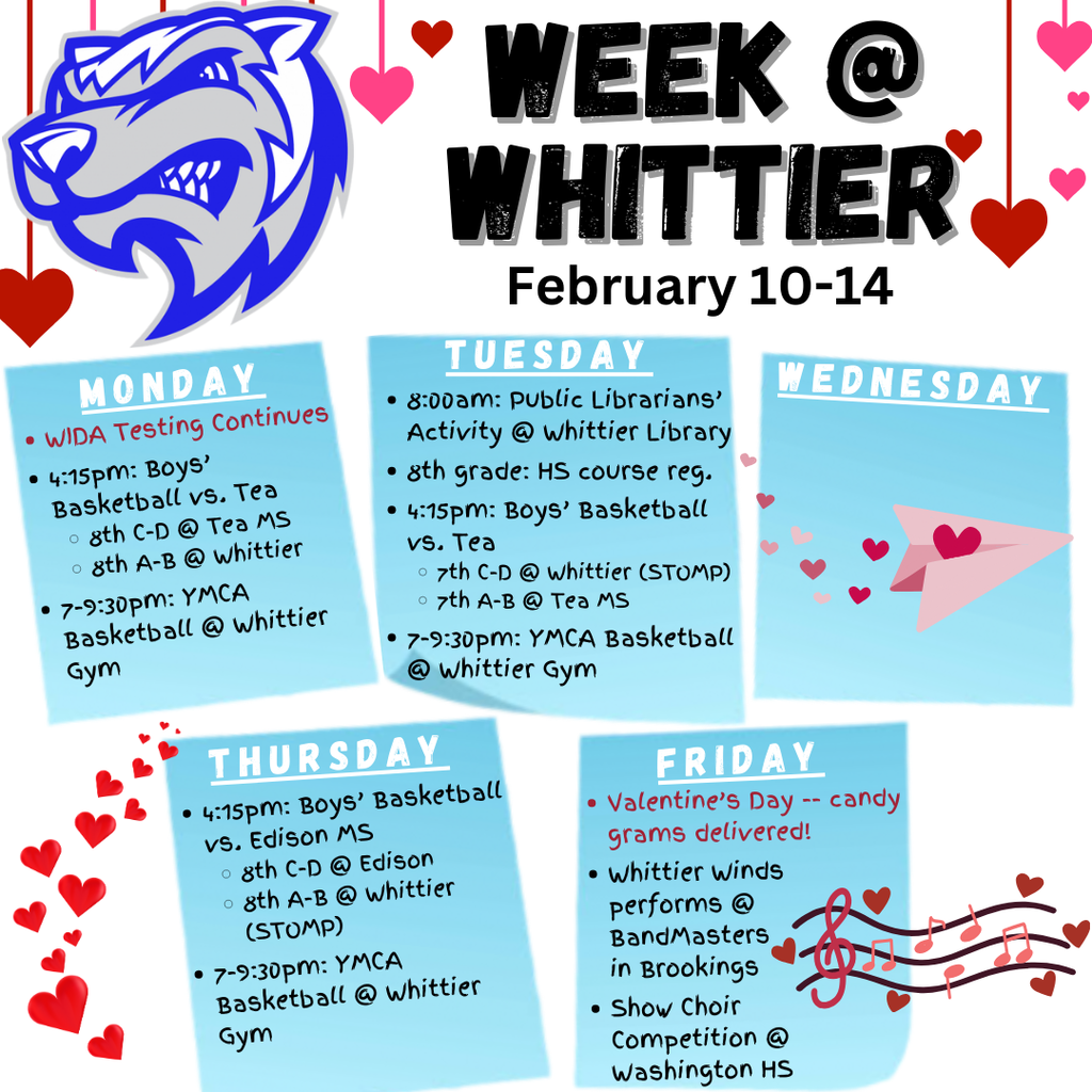 Week at Whittier calendar of events for February 10-14
