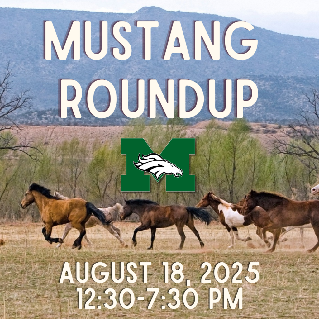 Graphic with a background photo of wild mustangs running through a grassy field with mountains in the distance. Large white text at the top reads 'Mustang Roundup.' The Memorial Middle School green 'M' logo with a white mustang head is centered in the middle. Text at the bottom reads 'August 18, 2025, 12:30–7:30 PM.'