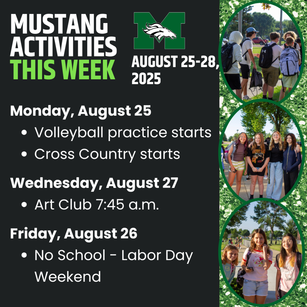A green square graphic with the Memorial Middle School Mustang logo and the title “MMS Activities Schedule.” The graphic lists the weekly events and activities happening at Memorial Middle School, organized by day of the week.