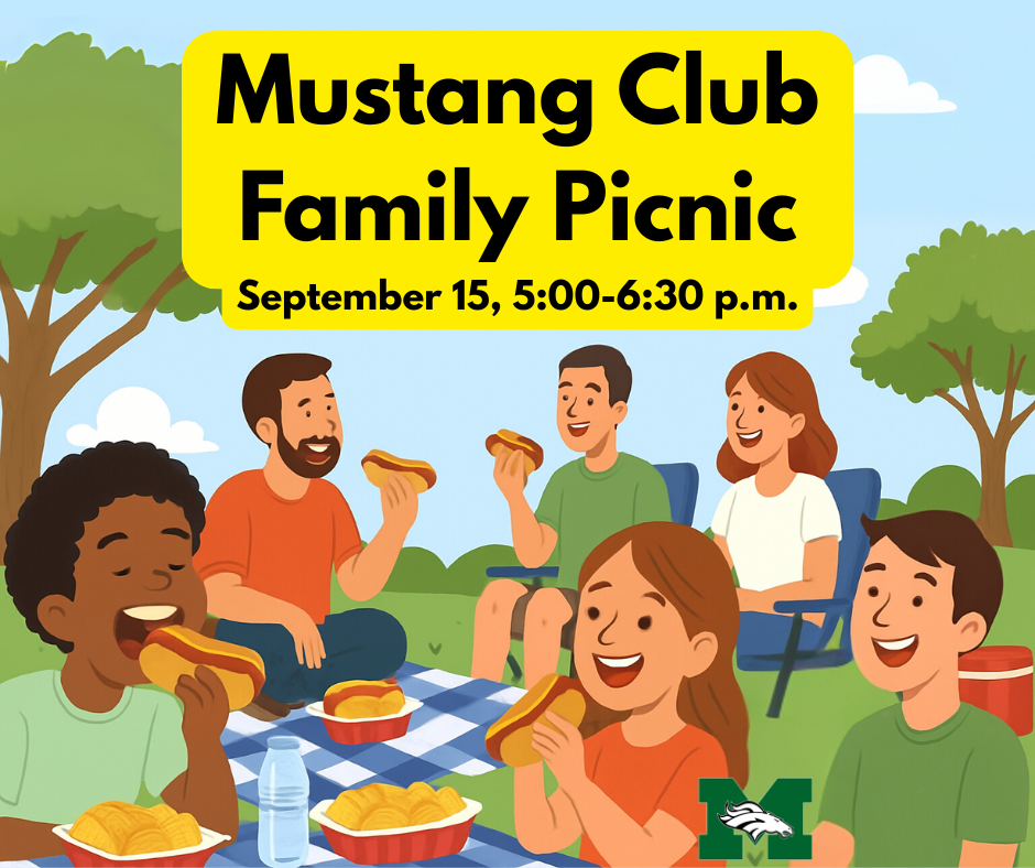 an illustration of a number of families at an outdoor picnic, eating hotdogs and chips and enjoying each othr's company.