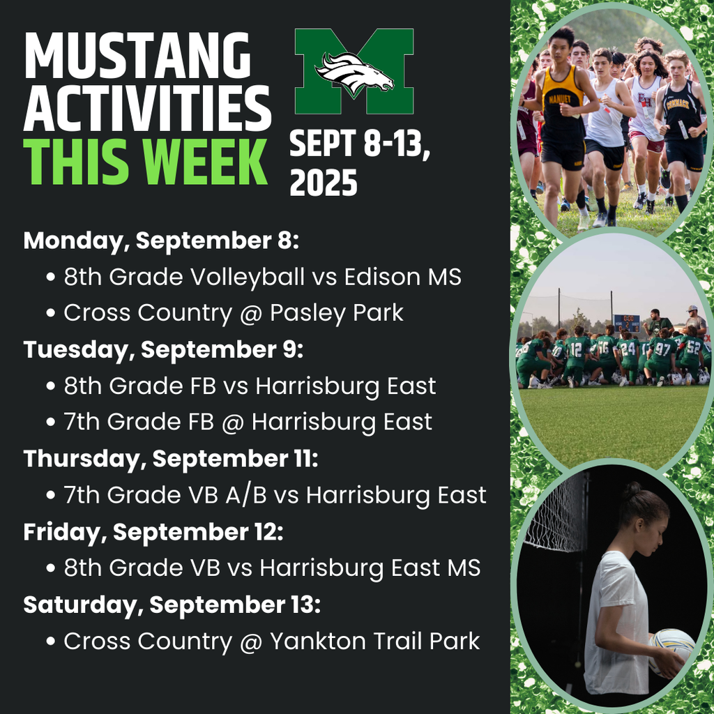 A green-and-black graphic with the Memorial Mustang logo and the heading “Mustang Activities This Week: Sept 8–13, 2025.”