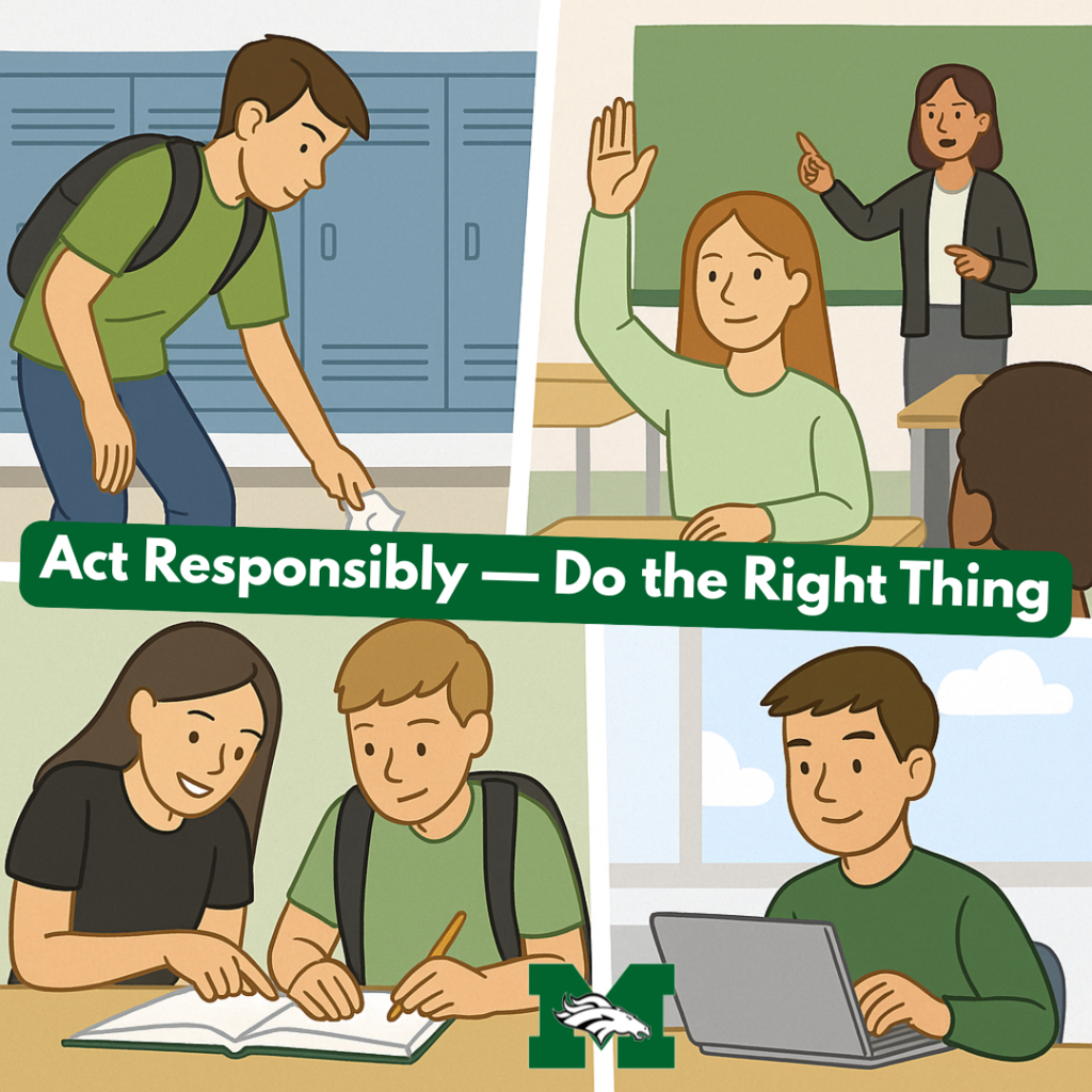 An illustrated graphic showing students acting responsibly: one student picks up trash in the hallway, another raises a hand in class, two students work together on homework, and another student closes a Chromebook. A green banner across the center reads, “Act Responsibly — Do the Right Thing,” with the Memorial Mustang logo at the bottom.