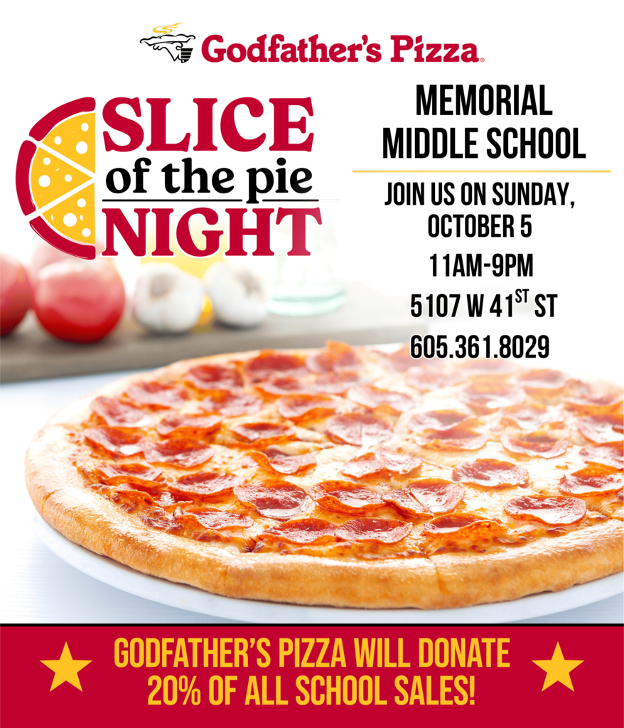 Promotional flyer for Memorial Middle School's fundraiser at Godfather's Pizza on Sunday, October 5th. The flyer features the restaurant's logo, event details including time and location, and instructions on how to ensure the school receives 20% of the sales.
