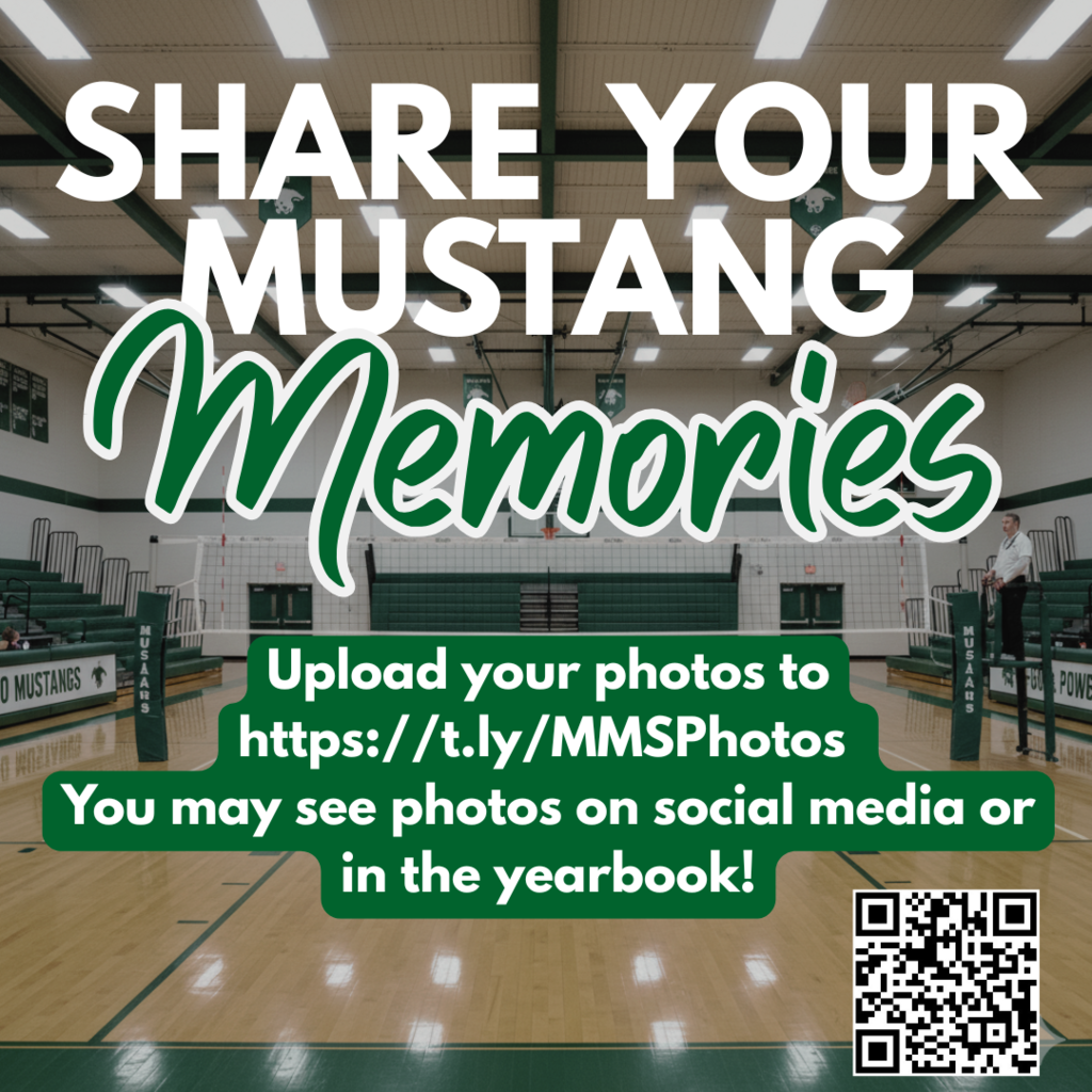 A graphic with the Memorial Middle School Mustangs logo. Text reads "Share Your Mustang Memories: Volleyball" and "We'd love to see any pictures from the volleyball games this week! DM us or upload to the online album.